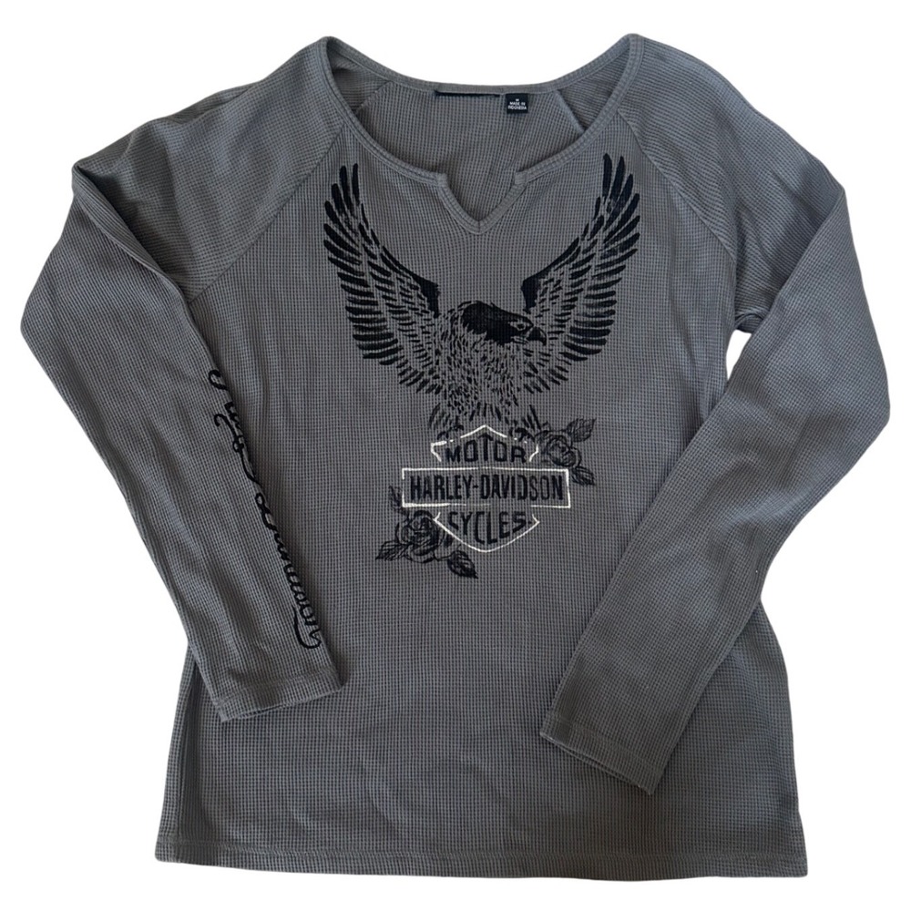 Harley Davidson Womens Gray‎ Waffle Knit Eagle Graphic Thermal Shirt Size M